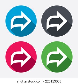 Arrow sign icon. Next button. Navigation symbol. Circle buttons with long shadow. 4 icons set. Vector