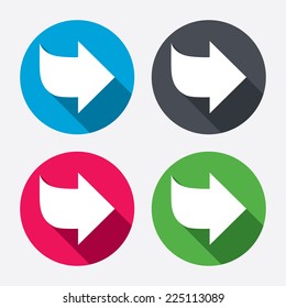 Arrow sign icon. Next button. Navigation symbol. Circle buttons with long shadow. 4 icons set. Vector