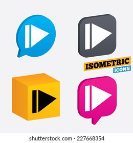 Arrow sign icon. Next button. Navigation symbol. Isometric speech bubbles and cube. Rotated icons with edges. Vector