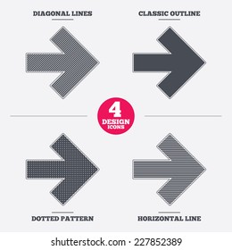 Arrow sign icon. Next button. Navigation symbol. Diagonal and horizontal lines, classic outline, dotted texture. Pattern design icons.  Vector