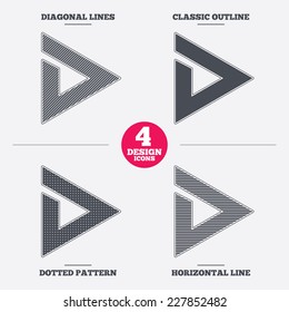 Arrow sign icon. Next button. Navigation symbol. Diagonal and horizontal lines, classic outline, dotted texture. Pattern design icons.  Vector