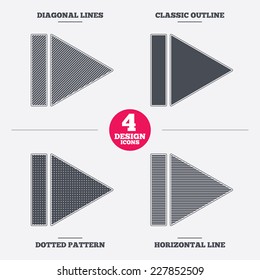Arrow sign icon. Next button. Navigation symbol. Diagonal and horizontal lines, classic outline, dotted texture. Pattern design icons.  Vector