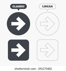 Arrow sign icon. Next button. Navigation symbol. Classic and line web buttons. Circles and squares. Vector