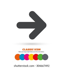 Arrow sign icon. Next button. Navigation symbol. Classic flat icon. Colored circles. Vector