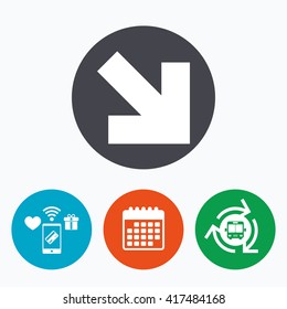 Arrow sign icon. Next button. Navigation symbol. Mobile payments, calendar and wifi icons. Bus shuttle.