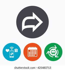 Arrow sign icon. Next button. Navigation symbol. Mobile payments, calendar and wifi icons. Bus shuttle.