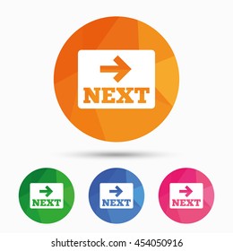 Arrow sign icon. Next button. Navigation symbol. Triangular low poly button with flat icon. Vector