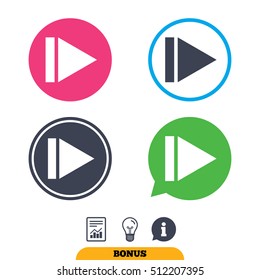 Arrow sign icon. Next button. Navigation symbol. Report document, information sign and light bulb icons. Vector