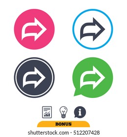 Arrow sign icon. Next button. Navigation symbol. Report document, information sign and light bulb icons. Vector