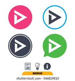 Arrow sign icon. Next button. Navigation symbol. Report document, information sign and light bulb icons. Vector