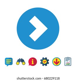 Arrow sign icon. Next button. Navigation symbol. Information, Report and Speech bubble signs. Binoculars, Service and Download icons. Vector