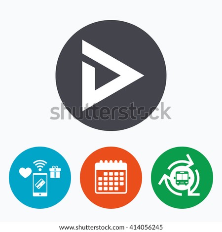 Arrow sign icon. Next button. Navigation symbol. Mobile payments, calendar and wifi icons. Bus shuttle.