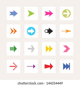 Arrow sign icon set. Set 02 (color on white). Solid plain mono one-color flat tile. Simple rounded square internet button. Contemporary modern metro style. Web design element vector illustration 8 eps