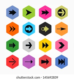 Arrow sign icon set 02. Black on color. Simple rounded hexagon internet button. Solid plain monochrome color flat tile. Minimal contemporary metro style. Vector illustration web design elements 8 eps