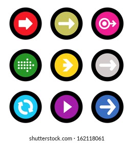 Arrow sign icon set in circle shape internet button on black background. EPS10 vector illustration web elements