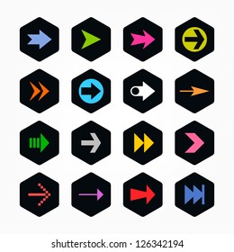 Arrow sign icon set. Color on black. Simple rounded hexagon internet button. Solid plain monochrome color flat tile. Minimal contemporary metro style. Vector illustration web design elements 8 eps