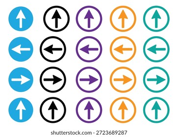  Symbolsatz für Pfeilzeichen. Satz moderner Richtungspfeile in Kreisen zur Navigation. Sammlung schwarzer Pfeile und kreisförmiger Pfeile in verschiedenen Stilen und Richtungen, einzeln auf transparentem Hintergrund
