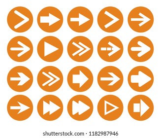 Arrow sign icon set. Simple circle shape internet button on orange background. This Vector illustration web design.