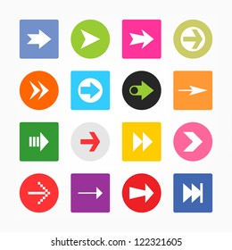 Arrow sign icon set. Simple circle and rounded square internet button. Solid plain monochrome color flat tile minimal metro style. Vector illustration web design elements 8 eps