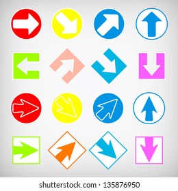 Arrow sign icon set. Simple circle and square internet button on the gray background.  Vector illustration.