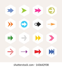 Arrow sign icon set. Simple rounded hexagon internet button beige background. Solid plain monochrome color flat tile. Minimal contemporary metro style. Vector illustration web design elements 8 eps