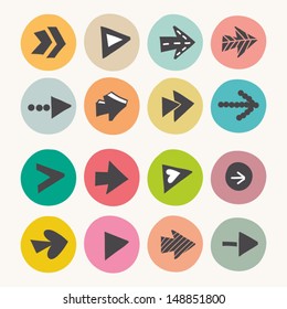 Arrow sign icon set. Simple circle shape internet button on gray background. 