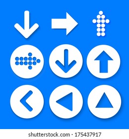 Arrow sign icon set. Simple circle shape internet button on abstract blue background. Contemporary modern style. Vector illustration.