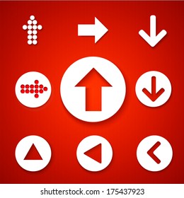 Arrow sign icon set. Simple circle shape internet button on red background. Contemporary modern style. Vector illustration.