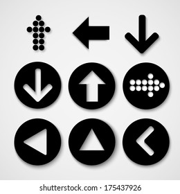 Arrow sign icon set. Simple circle shape internet button on gray background. Contemporary modern style. Vector illustration.