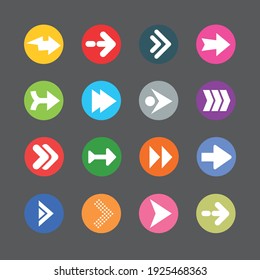 Conjunto de iconos de signo de flecha. Botón de Internet de forma circular simple sobre fondo gris. El estilo moderno contemporáneo. Vector