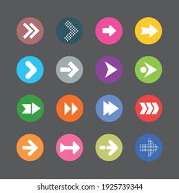 Conjunto de iconos de signo de flecha. Botón de Internet de forma circular simple sobre fondo gris. Estilo contemporáneo. Ilustración del vector