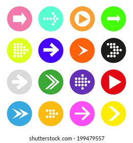 Conjunto de iconos de signo de flecha. Botón de Internet de forma circular simple sobre fondo blanco. Estilo moderno y contemporáneo