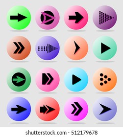 Arrow sign icon set. Simple circle shape internet button with shadows on gray background. Vector illustration for web design. Set of  black arrows 