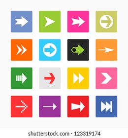 Arrow sign icon set. Solid plain mono one-color flat tile. Simple rounded square internet button gray background. Contemporary modern metro style. Web design elements vector illustration saved 8 eps