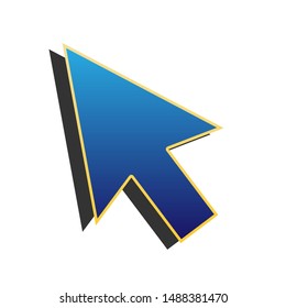 Arrow sign illustration. Blue icon with gold contour with dark gray shadow at white background. Illustration.