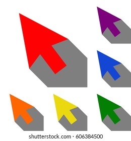 Arrow sign illustration. Set of red, orange, yellow, green, blue and violet icons at white background with flat shadow.