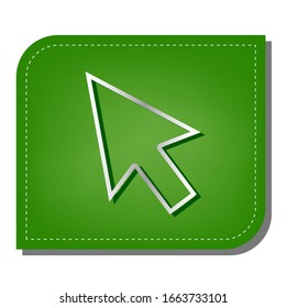 Arrow sign illustration. Silver gradient line icon with dark green shadow at ecological patched green leaf. Illustration.