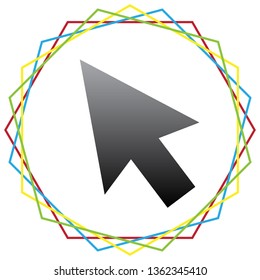 Arrow sign illustration. Vector. Black icon with patch of light inside colorful hexagonal frames at white background.