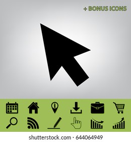 Arrow sign illustration. Vector. Black icon at gray background with bonus icons at celery ones