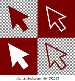 Arrow sign illustration. Vector. Bordo and white icons and line icons on chess board with transparent background.