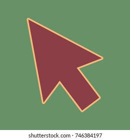 Arrow sign illustration. Vector. Cordovan icon and mellow apricot halo with light khaki filled space at russian green background.