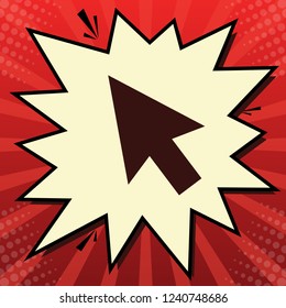 Arrow sign illustration. Vector. Dark red icon in lemon chiffon shutter bubble at red popart background with rays.
