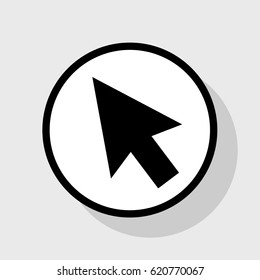 Arrow sign illustration. Vector. Flat black icon in white circle with shadow at gray background.