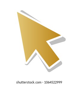 Arrow sign illustration. Vector. Golden gradient icon with white contour and rotated gray shadow at white background.