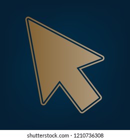 Arrow sign illustration. Vector. Golden icon and border at dark cyan background.
