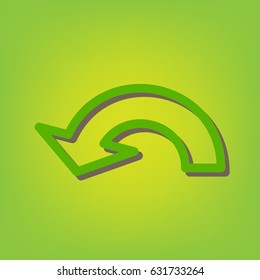 Arrow sign illustration. Vector. Green line icon with brown shadow at green-yellow background.