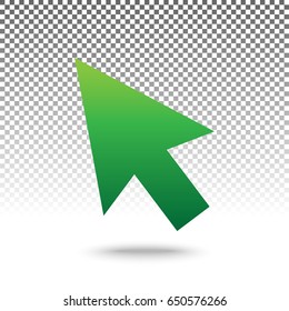 Arrow sign illustration. Vector. Green gradient icon with shadow at bottom on transparent and white background.
