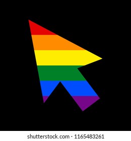 Arrow sign illustration. Vector. Icon with colors of LGBT flag at black background.
