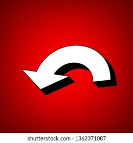 Arrow sign illustration. Vector. Perspective view of white icon with black outline at reddish background.