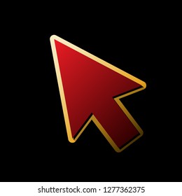 Arrow sign illustration. Vector. Red icon with small black and limitless shadows at golden sticker on black background.